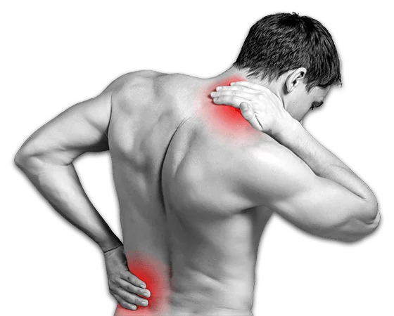 Illustration of common pain points along the neck, shoulders and lower back